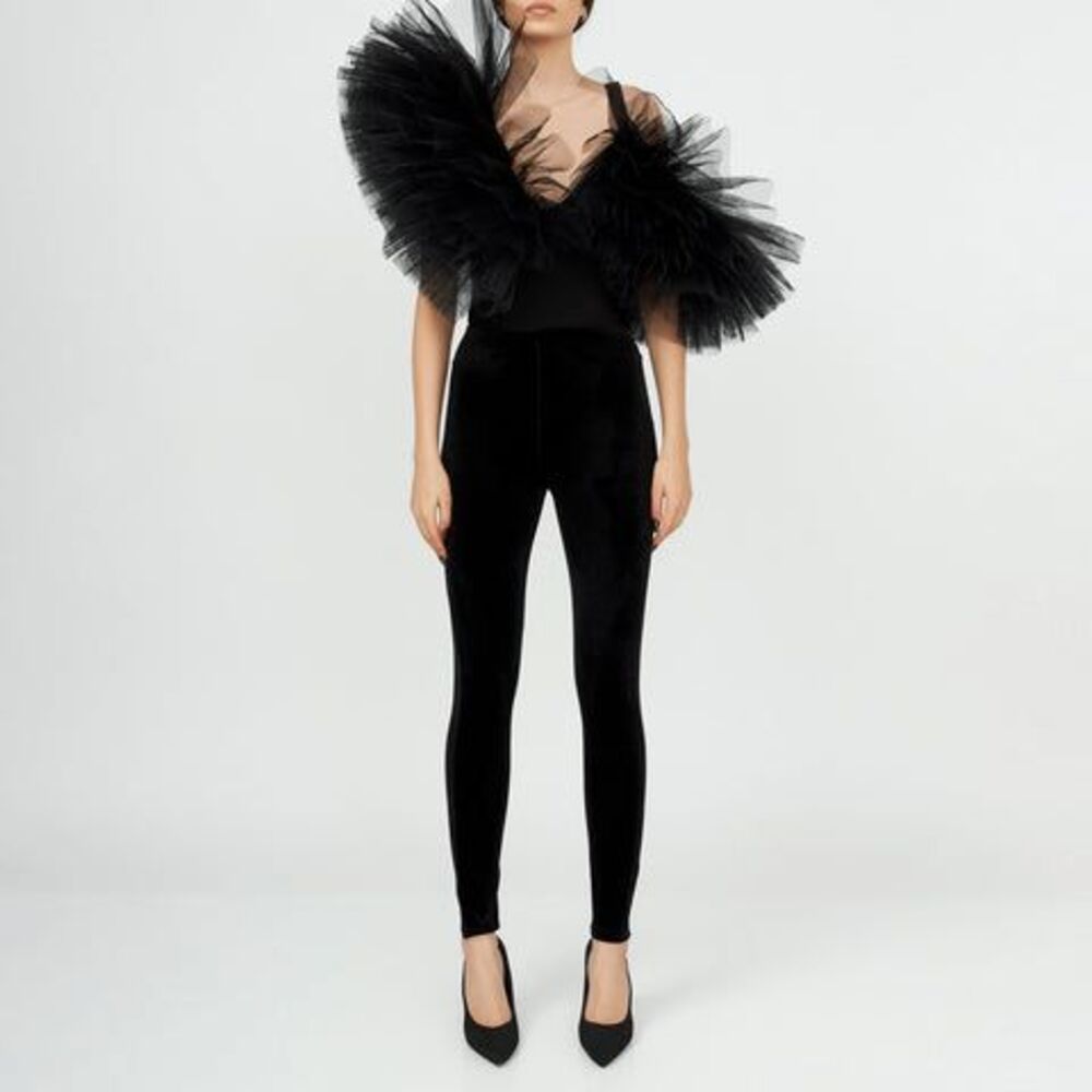 Alchemy by Lia Aram Black Asymmetric Tulle Ruffle Bodysuit Women's Size XS NWT
